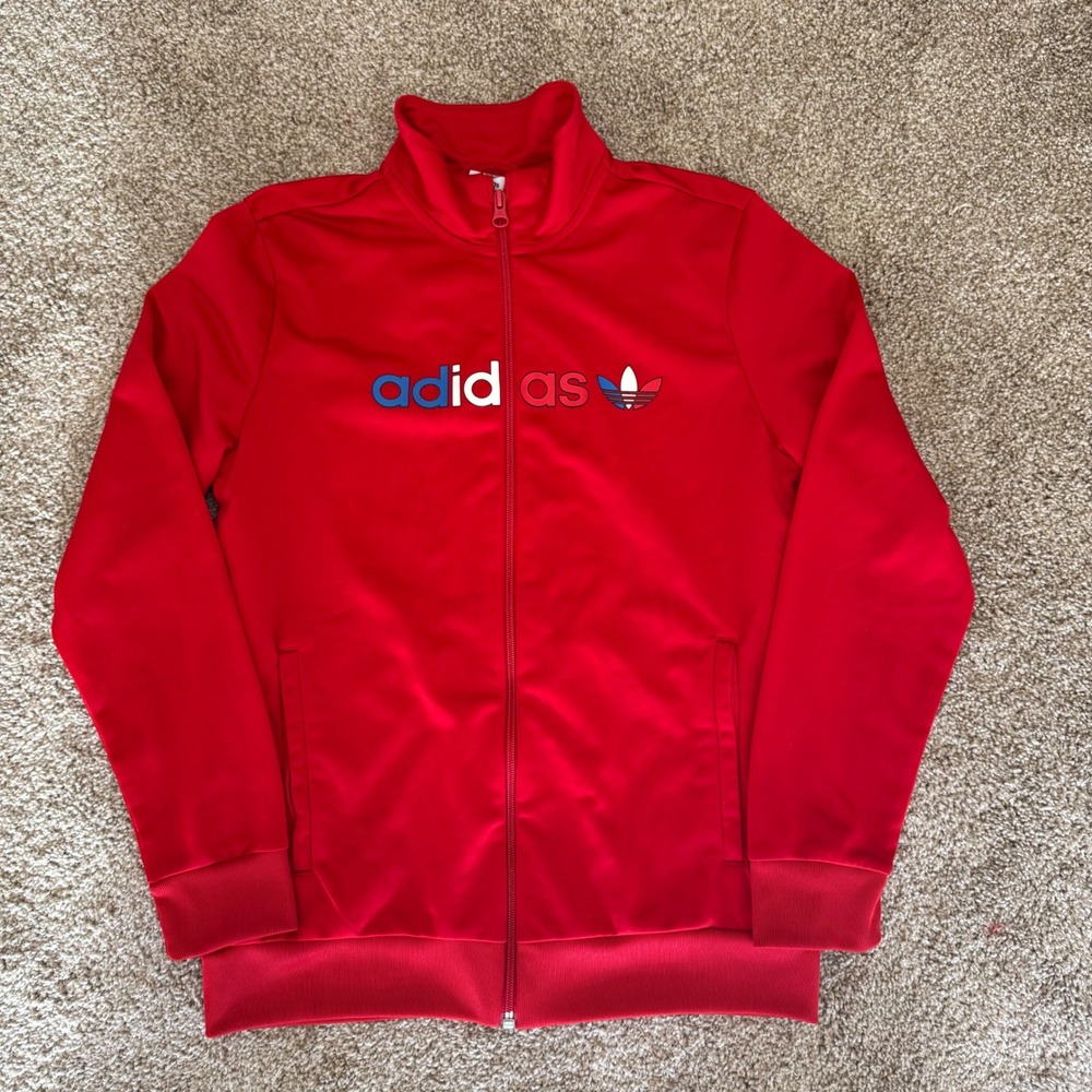 Adidas Track Jacket Youth Large Red Primeblue Full Zip Trefoil Logo Athletic